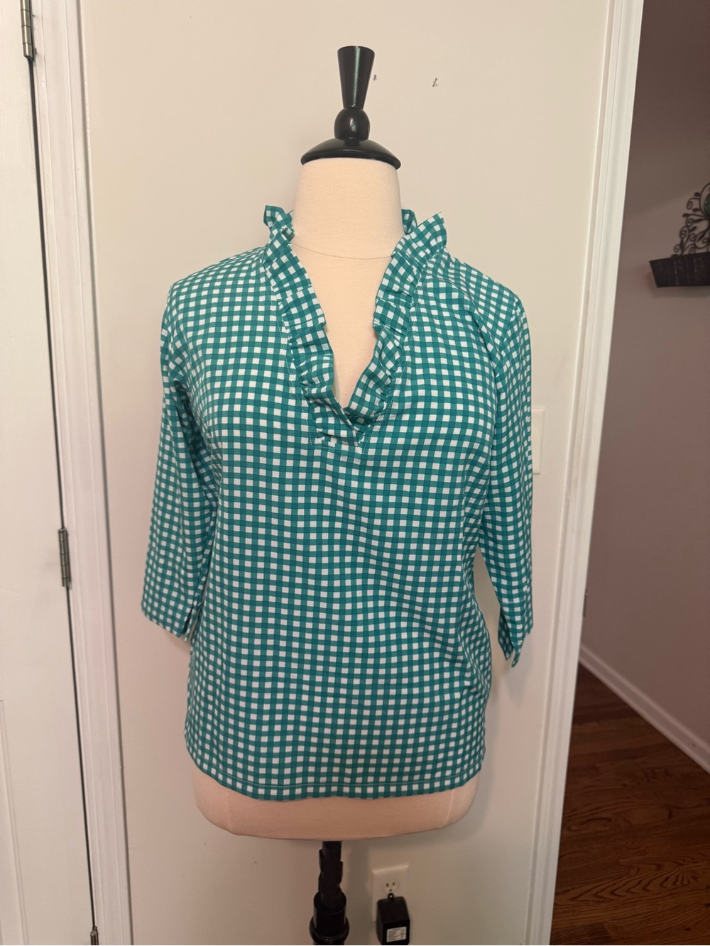 Michelle McDowell Women's Teal Gingham Ruffle V-Neck Blouse